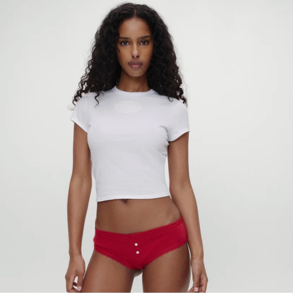 Bella Hadid White Short Sleeve Crewneck Tee with Embroidered Patch